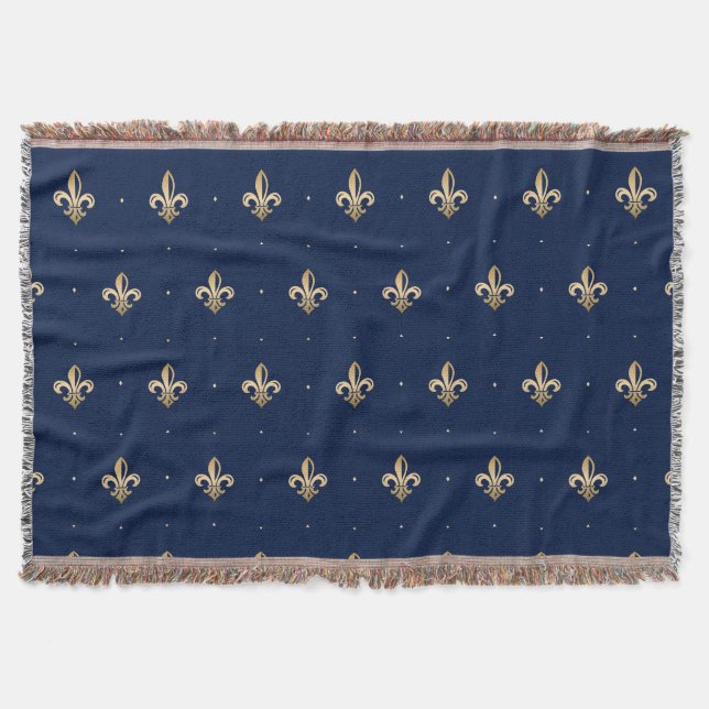 Luxurious Gold Fleur de Lis Navy Throw Blanket (Front)