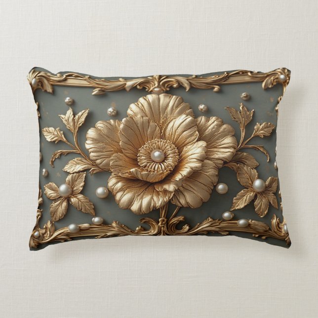 Luxurious Gold Floral Frame Accent Pillow (Front)