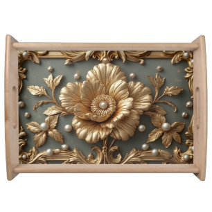 Luxurious Gold Floral Frame Serving Tray