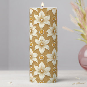 Luxurious Gold Floral Pattern With White Lily Moti Pillar Candle