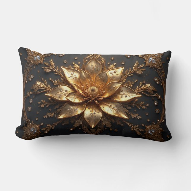Luxurious Gold Flower Lumbar Pillow (Front)