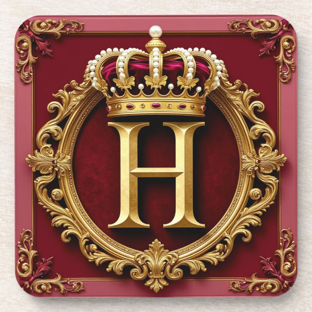 Luxurious Gold Frame With Crowned Monogram Beverage Coaster (Front)