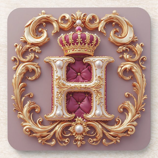 Luxurious Gold Frame With Crowned Monogram Beverage Coaster (Front)