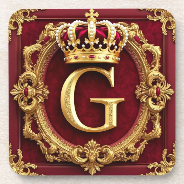 Luxurious Gold Frame With Crowned Monogram Beverage Coaster (Front)