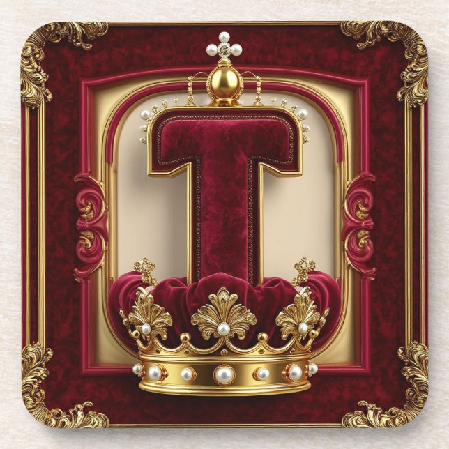 Luxurious Gold Frame With Crowned Monogram Beverage Coaster (Front)