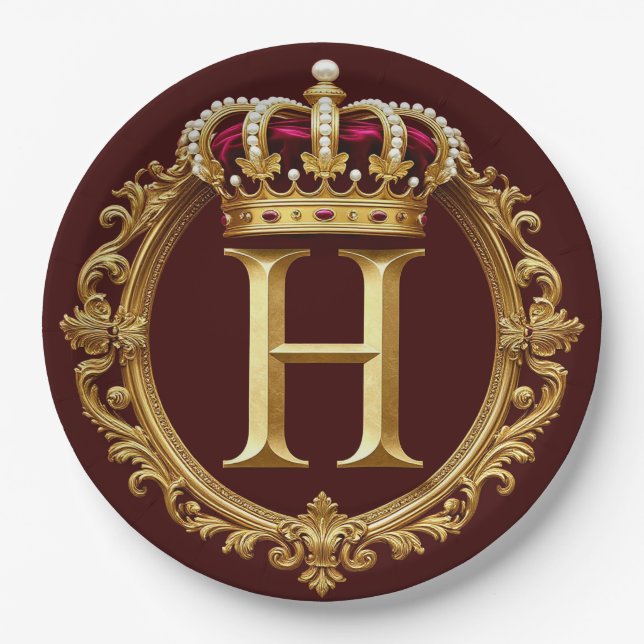 Luxurious Gold Frame With Crowned Monogram Paper Plates (Front)
