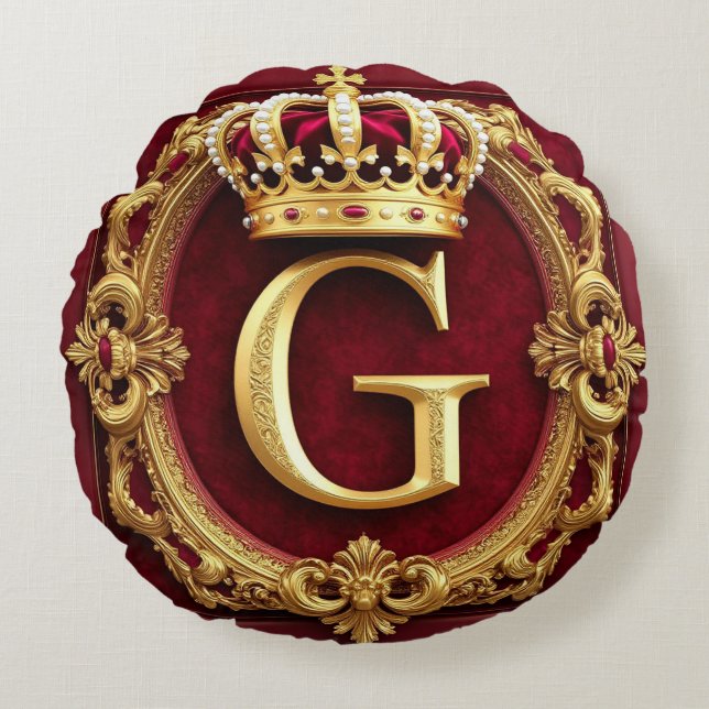 Luxurious Gold Frame With Crowned Monogram Round Pillow (Front)
