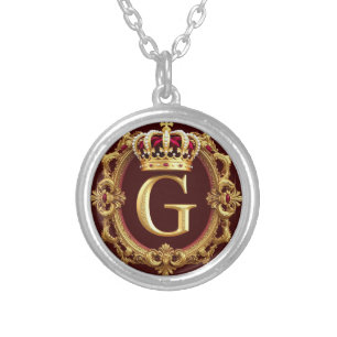 Luxurious Gold Frame With Crowned Monogram Silver Plated Necklace