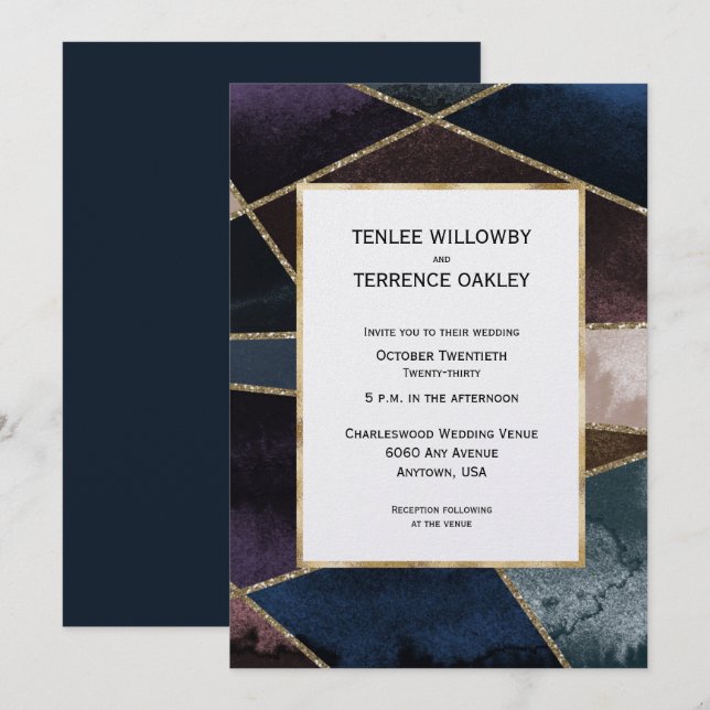 Luxurious Gold Geometric Blue Purple Brown Wedding Invitation (Front/Back)