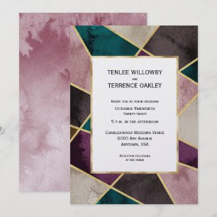 Luxurious Gold Geometric Green Purple Wedding Invitation