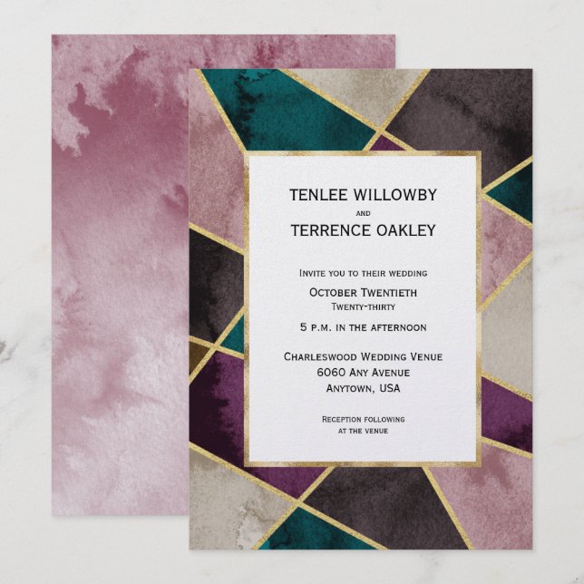 Luxurious Gold Geometric Green Purple Wedding Invitation (Front/Back)