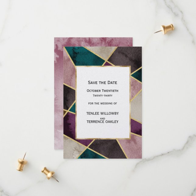 Luxurious Gold Geometric Green Purple Wedding Save The Date (Front/Back In Situ)