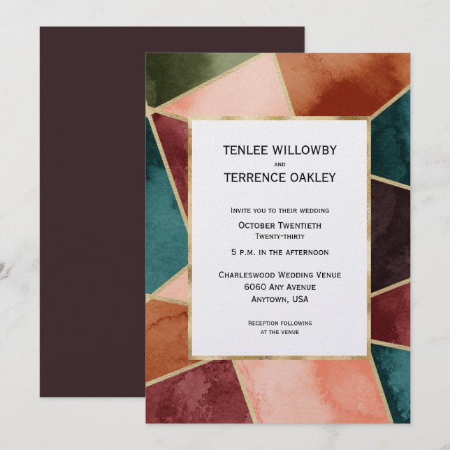 Luxurious Gold Geometric Purple Rust Teal Wedding Invitation (Front/Back)