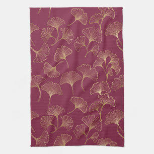 Luxurious Gold Ginkgo Leaves on Deep Burgundy (1) Kitchen Towel