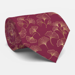 Luxurious Gold Ginkgo Leaves on Deep Burgundy (1) Neck Tie