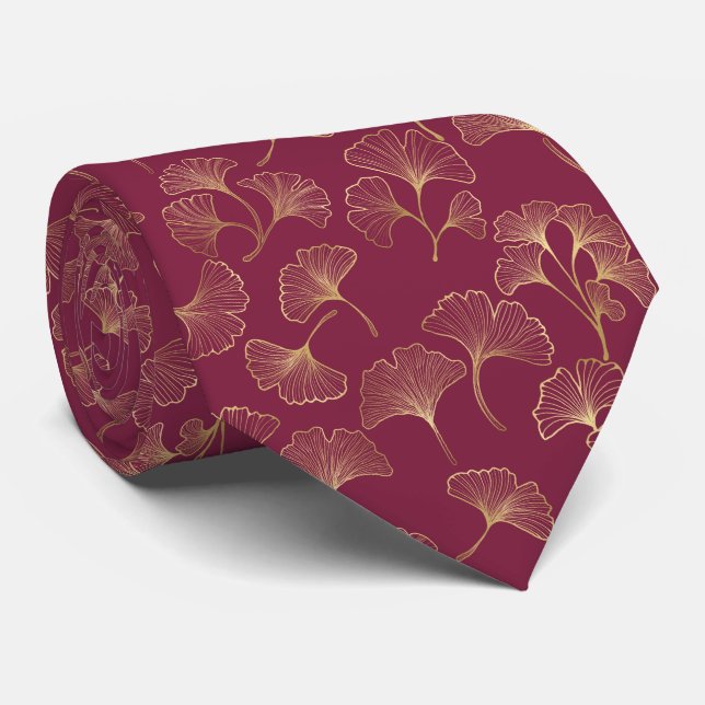 Luxurious Gold Ginkgo Leaves on Deep Burgundy (1) Neck Tie (Rolled)