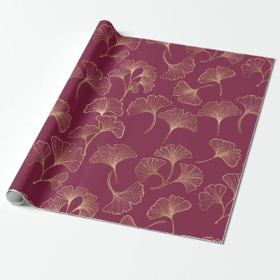 Luxurious Gold Ginkgo Leaves on Deep Burgundy (1) Wrapping Paper