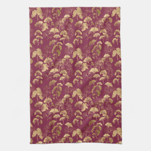 Luxurious Gold Ginkgo Leaves on Deep Burgundy (3) Kitchen Towel