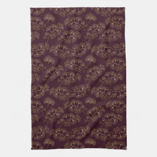 Luxurious Gold Ginkgo Leaves on Deep Burgundy (5) Kitchen Towel