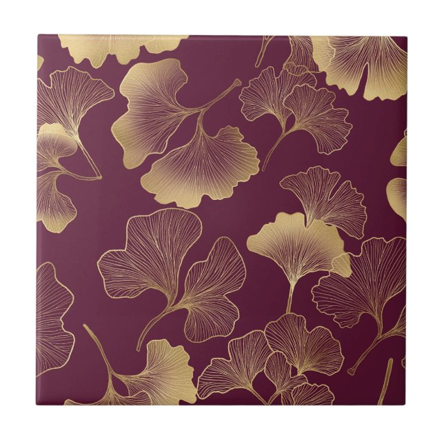 Luxurious Gold Ginkgo Leaves on Deep Burgundy (6) Ceramic Tile (Front)
