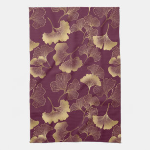 Luxurious Gold Ginkgo Leaves on Deep Burgundy (6) Kitchen Towel