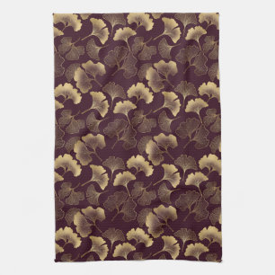 Luxurious Gold Ginkgo Leaves on Deep Burgundy (7) Kitchen Towel