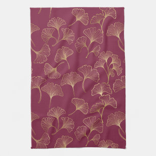 Luxurious Gold Ginkgo Leaves on Deep Burgundy Kitchen Towel