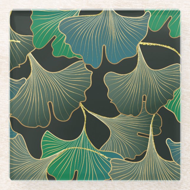 Luxurious gold Ginkgo, vintage art. Glass Coaster (Front)