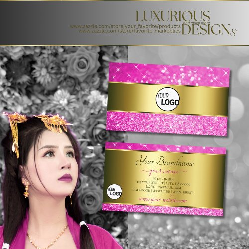 Luxurious Gold Girly Pink Glitter Stars add Logo Business Card