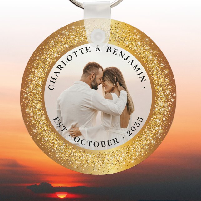 Luxurious Gold Glitter Frame Couple Photo Wedding Keychain (Creator Uploaded)