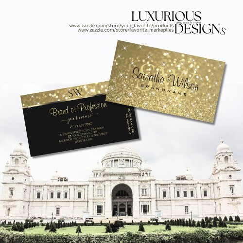 Luxurious Gold Glitter Luminous Stars and Monogram Business Card