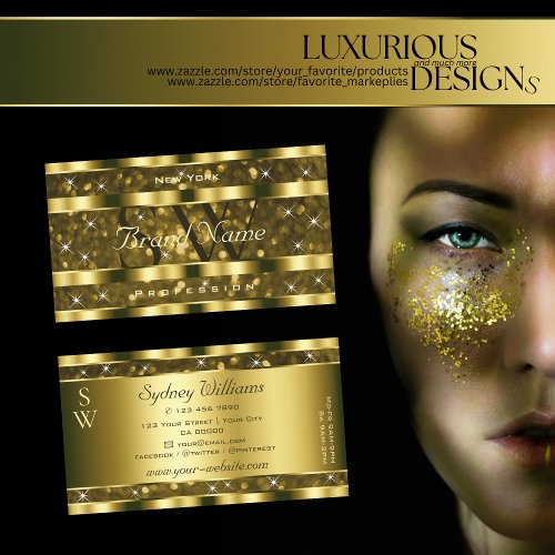 Luxurious Gold Glitter Luminous Stars Monogram Business Card