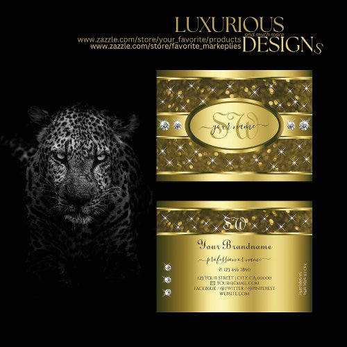 Luxurious Gold Glitter Stars Diamonds and Initials Business Card