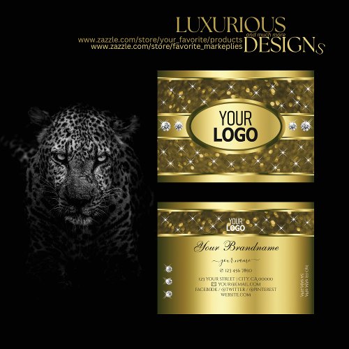 Luxurious Gold Glitter Stars Diamonds and Logo Business Card