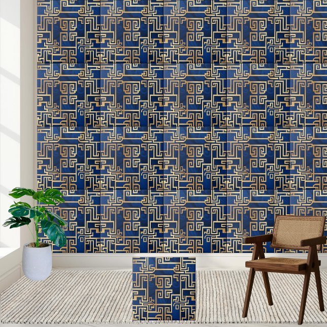 Luxurious Gold Greek Key Pattern on Deep Blue  Ceramic Tile (Luxurious Gold Greek Key Pattern on Deep Blue Ceramic Tile)