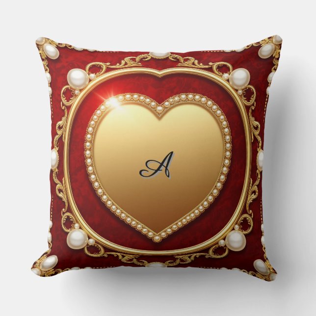 Luxurious Gold Heart Frame Adorned With Pearls Throw Pillow (Front)