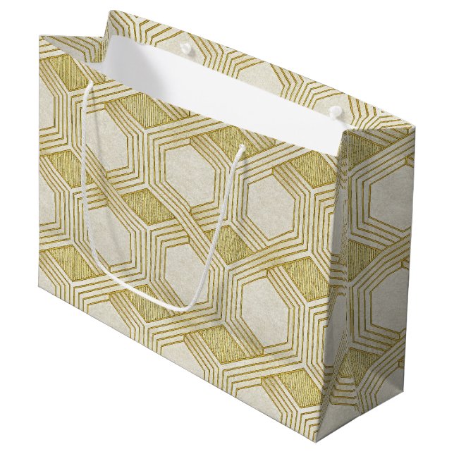 Luxurious Gold Hexagon Pattern - Marble Texture Large Gift Bag (Front Angled)