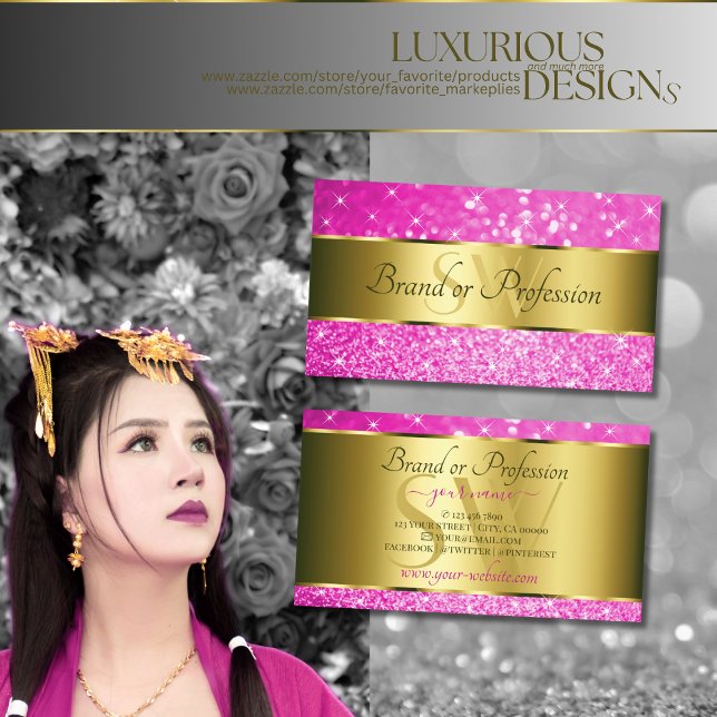 Luxurious Gold Hot Pink Glitter Stars Initials Business Card (Creator Uploaded)