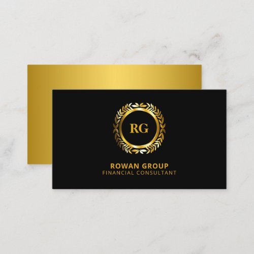Luxurious Gold Laurel Leaves Crest on Black Business Card