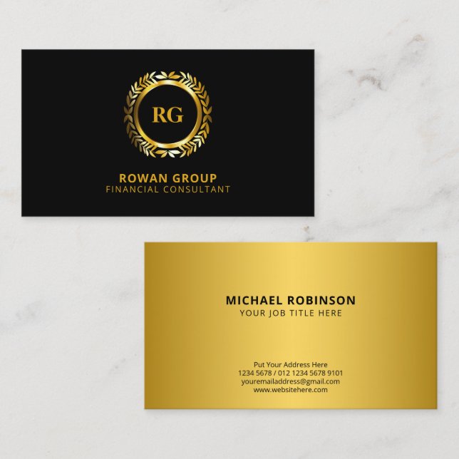Luxurious Gold Laurel Leaves Crest on Black Business Card (Front/Back)
