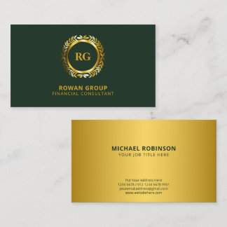 Luxurious Gold Laurel Leaves Crest on Dark Green Business Card