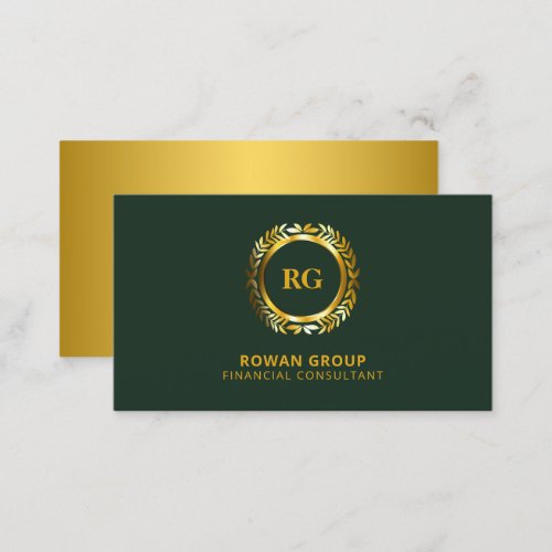 Luxurious Gold Laurel Leaves Crest on Dark Green Business Card