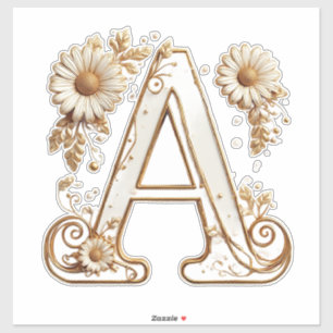 Luxurious Gold Letter A with Floral Daisies Design Sticker