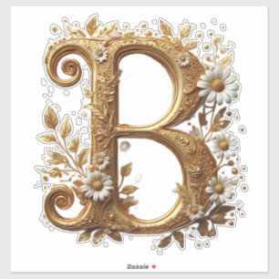 Luxurious Gold Letter B with Floral Daisies Design Sticker