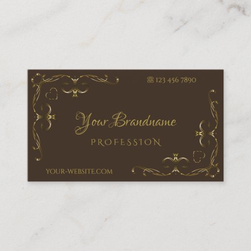 Luxurious Gold Ornate Corner Borders Dark Brown Business Card