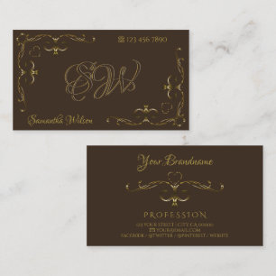 Luxurious Gold Ornate Corners Initials Dark Brown Business Card