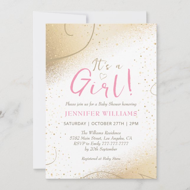 Luxurious Gold & Pink Girl Baby Shower Invitation (Front)