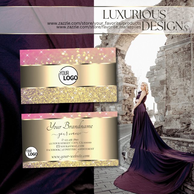 Luxurious Gold Pink Purple Glitter Stars add Logo Business Card (Creator Uploaded)