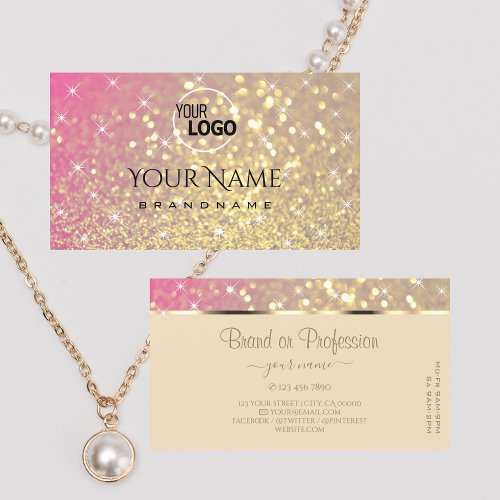 Luxurious Gold Pink Purple Glitter Stars add Logo Business Card