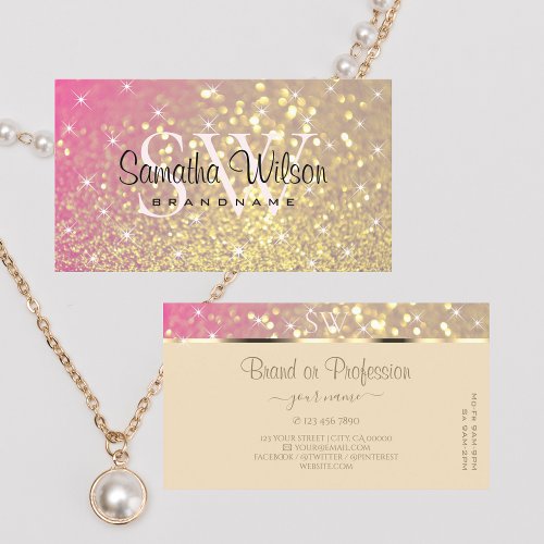 Luxurious Gold Pink Purple Glitter Stars Initials Business Card